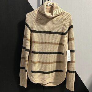 NWT Cloud Chaser Tan/Dark Green Striped Knit‎ Turtle Neck Sweater Women's Size L